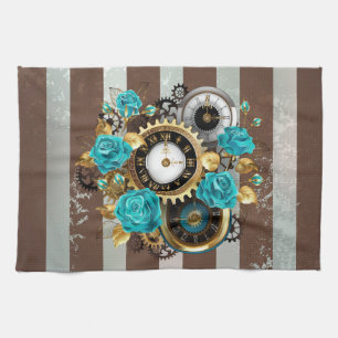 Steampunk Clock and Turquoise Roses on Striped Kitchen Towel