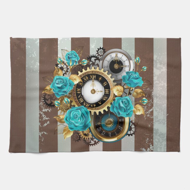 Steampunk Clock and Turquoise Roses on Striped Kitchen Towel (Horizontal)