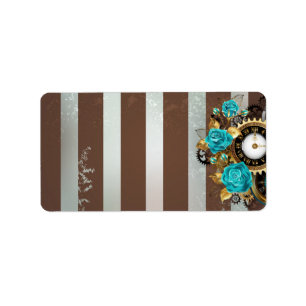 Steampunk Clock and Turquoise Roses on Striped Label