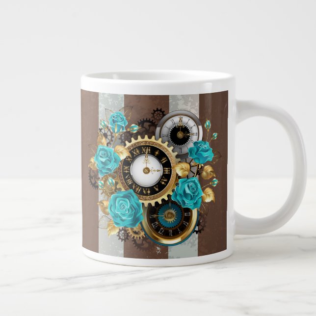 Steampunk Clock and Turquoise Roses on Striped Large Coffee Mug (Right)