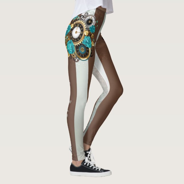 Steampunk Clock and Turquoise Roses on Striped Leggings (Right)