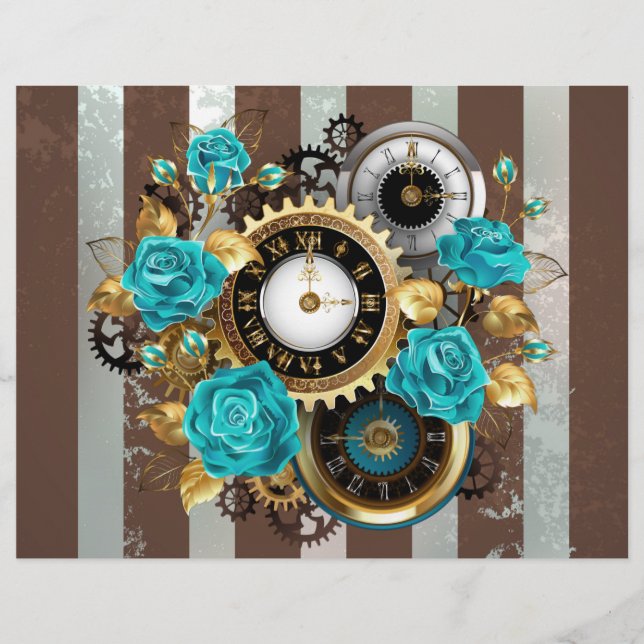 Steampunk Clock and Turquoise Roses on Striped Letterhead (Front)