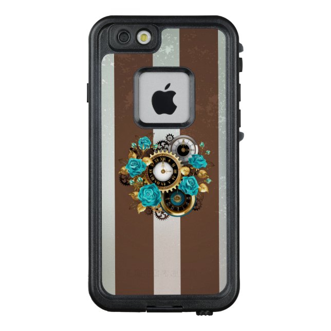 Steampunk Clock and Turquoise Roses on Striped LifeProof iPhone Case (Back)