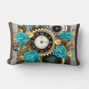 Steampunk Clock and Turquoise Roses on Striped Lumbar Pillow