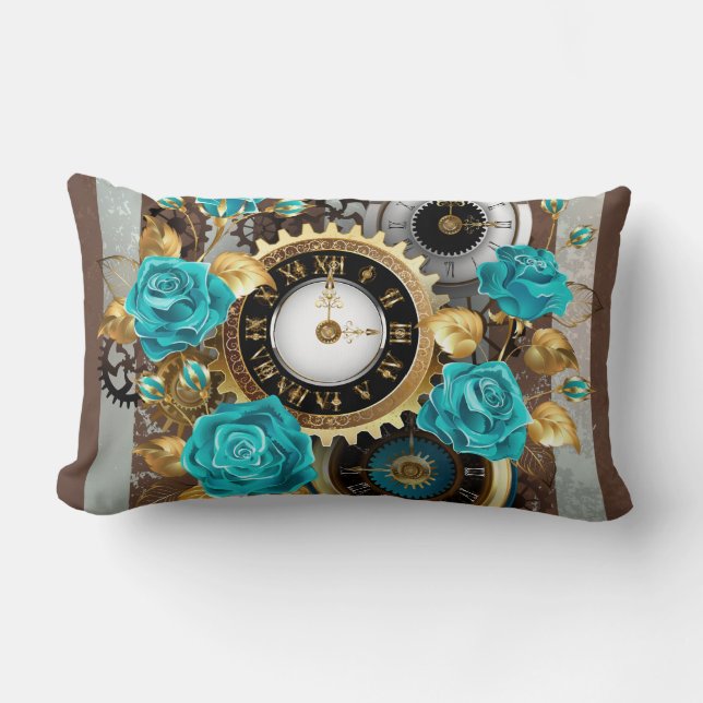 Steampunk Clock and Turquoise Roses on Striped Lumbar Pillow (Front)