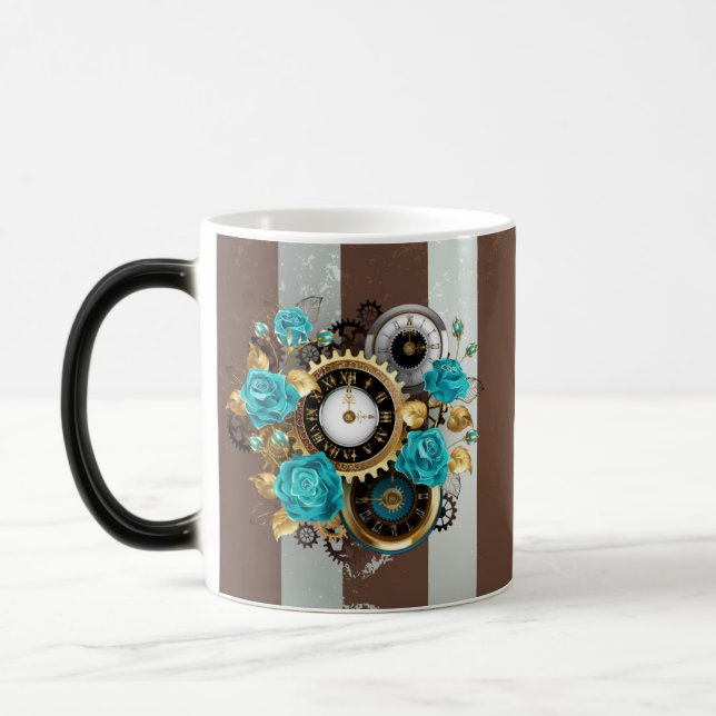 Steampunk Clock and Turquoise Roses on Striped Magic Mug (Left)