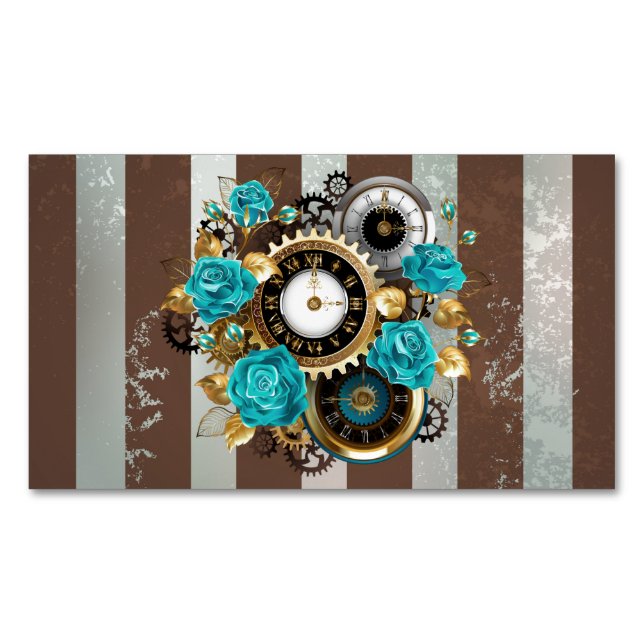 Steampunk Clock and Turquoise Roses on Striped Magnetic Business Card (Front)