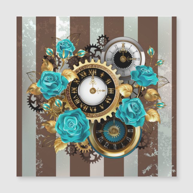 Steampunk Clock and Turquoise Roses on Striped Magnetic Invitation (Front)