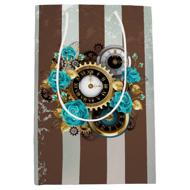 Steampunk Clock and Turquoise Roses on Striped Medium Gift Bag (Front)