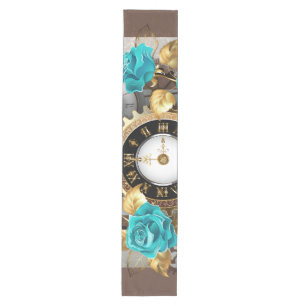 Steampunk Clock and Turquoise Roses on Striped Medium Table Runner