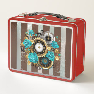 Steampunk Clock and Turquoise Roses on Striped Metal Lunch Box