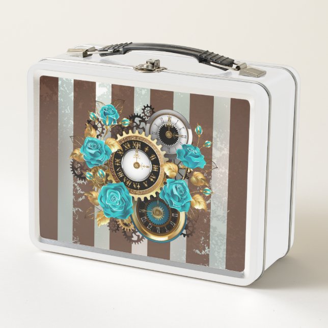 Steampunk Clock and Turquoise Roses on Striped Metal Lunch Box (Front)