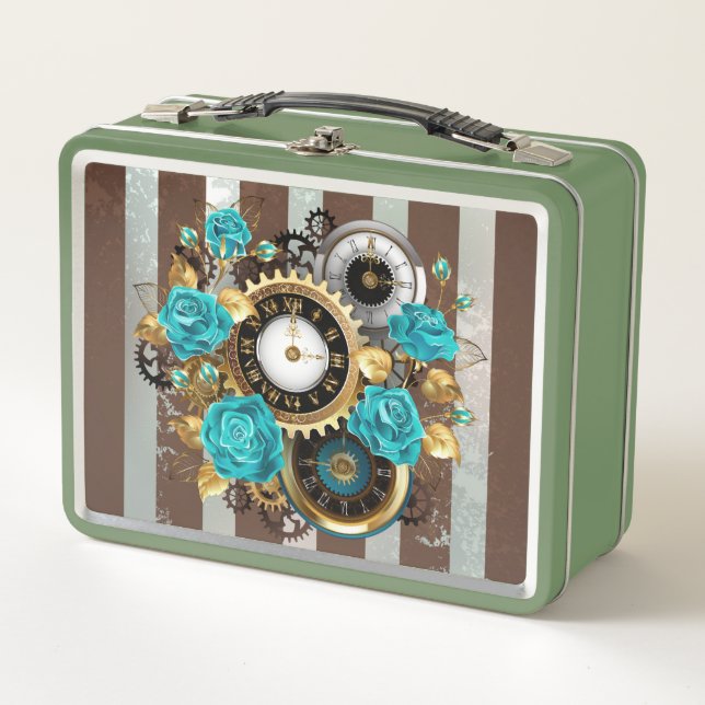Steampunk Clock and Turquoise Roses on Striped Metal Lunch Box (Front)