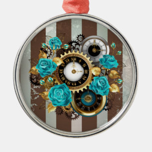 Steampunk Clock and Turquoise Roses on Striped Metal Ornament