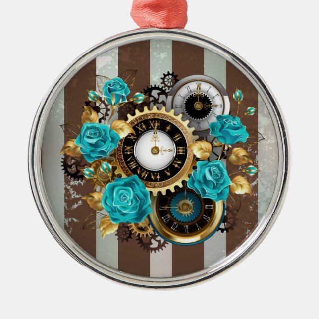 Steampunk Clock and Turquoise Roses on Striped Metal Ornament (Front)