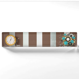 Steampunk Clock and Turquoise Roses on Striped Nameplate