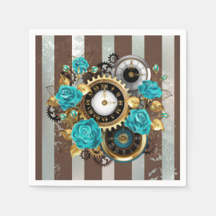 Steampunk Clock and Turquoise Roses on Striped Napkin