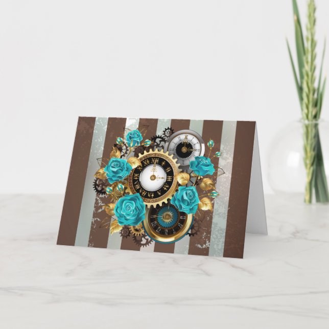 Steampunk Clock and Turquoise Roses on Striped Note Card (Front)