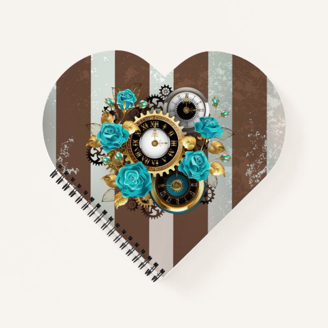 Steampunk Clock and Turquoise Roses on Striped Notebook (Front)