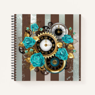 Steampunk Clock and Turquoise Roses on Striped Notebook