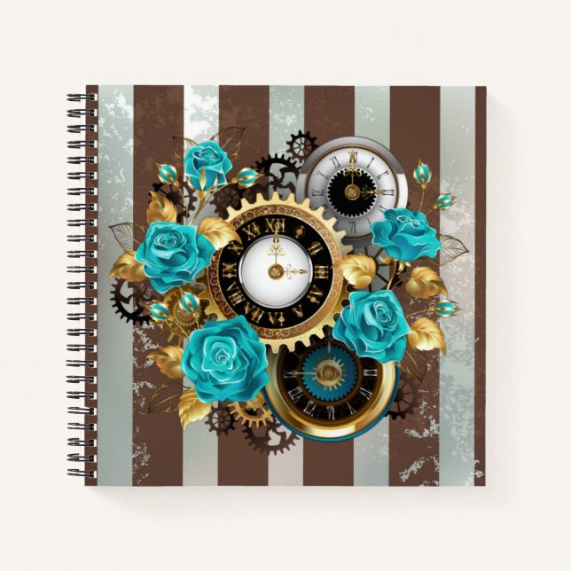 Steampunk Clock and Turquoise Roses on Striped Notebook (Front)