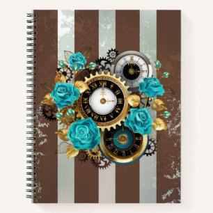 Steampunk Clock and Turquoise Roses on Striped Notebook