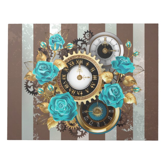 Steampunk Clock and Turquoise Roses on Striped Notepad (Front)