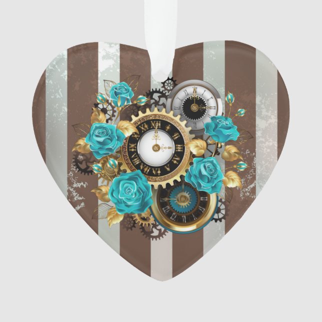 Steampunk Clock and Turquoise Roses on Striped Ornament (Front)