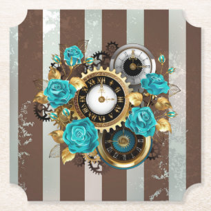 Steampunk Clock and Turquoise Roses on Striped Paper Coaster