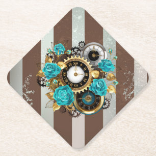 Steampunk Clock and Turquoise Roses on Striped Paper Coaster