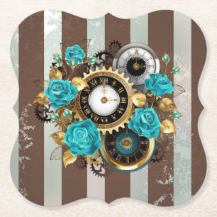 Steampunk Clock and Turquoise Roses on Striped Paper Coaster