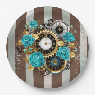 Steampunk Clock and Turquoise Roses on Striped Paper Plate