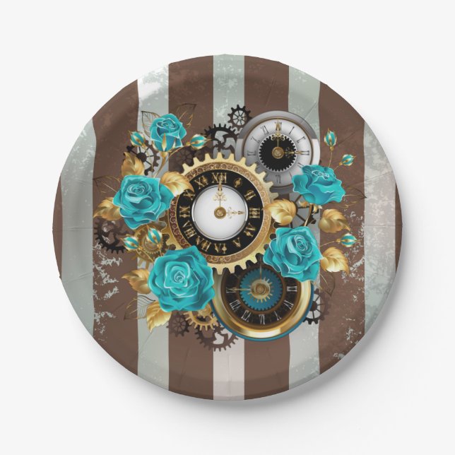 Steampunk Clock and Turquoise Roses on Striped Paper Plate (Front)