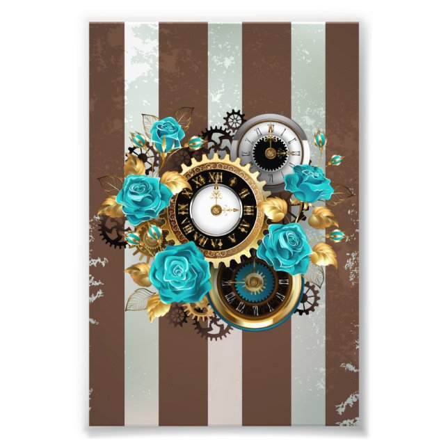 Steampunk Clock and Turquoise Roses on Striped Photo Print (Front)