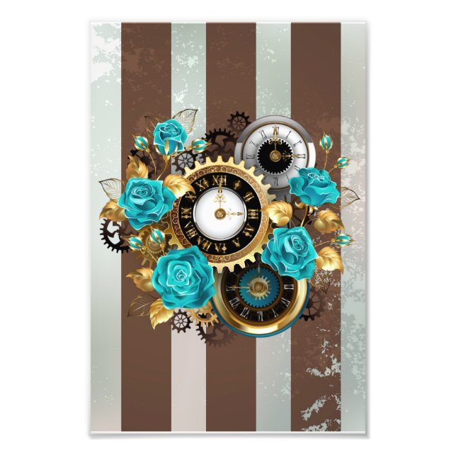 Steampunk Clock and Turquoise Roses on Striped Photo Print (Front)