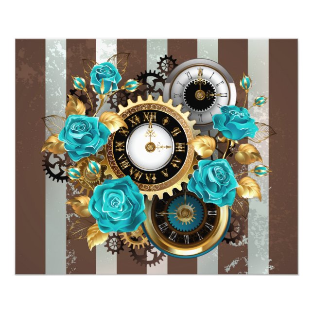 Steampunk Clock and Turquoise Roses on Striped Photo Print (Front)