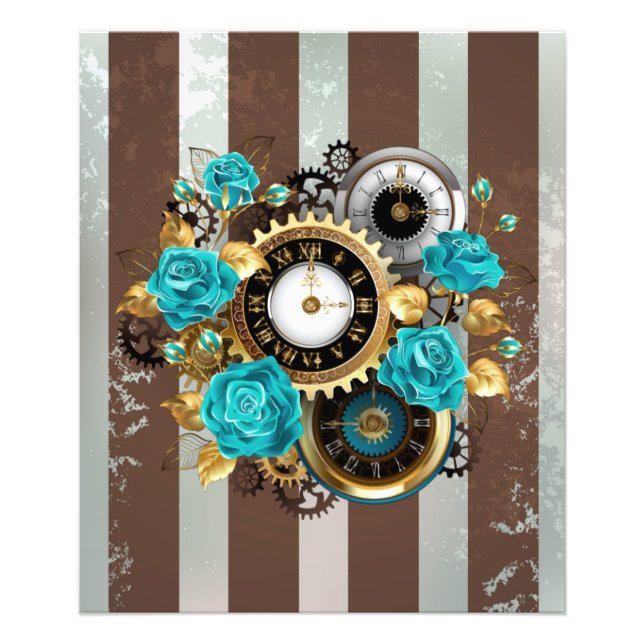 Steampunk Clock and Turquoise Roses on Striped Photo Print (Front)