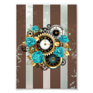 Steampunk Clock and Turquoise Roses on Striped Photo Print