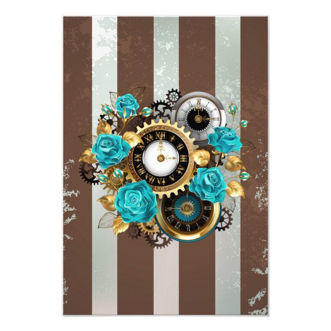 Steampunk Clock and Turquoise Roses on Striped Photo Print (Front)