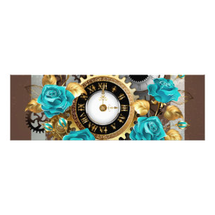 Steampunk Clock and Turquoise Roses on Striped Photo Print