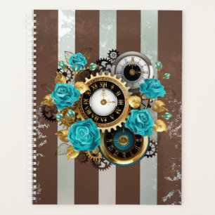 Steampunk Clock and Turquoise Roses on Striped Planner