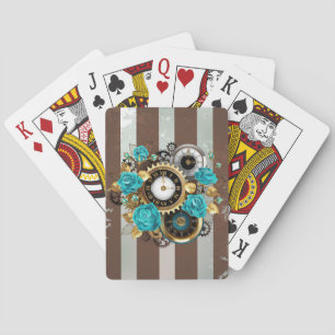 Steampunk Clock and Turquoise Roses on Striped Playing Cards