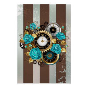 Steampunk Clock and Turquoise Roses on Striped Poster