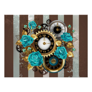 Steampunk Clock and Turquoise Roses on Striped Poster