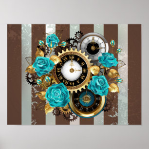 Steampunk Clock and Turquoise Roses on Striped Poster