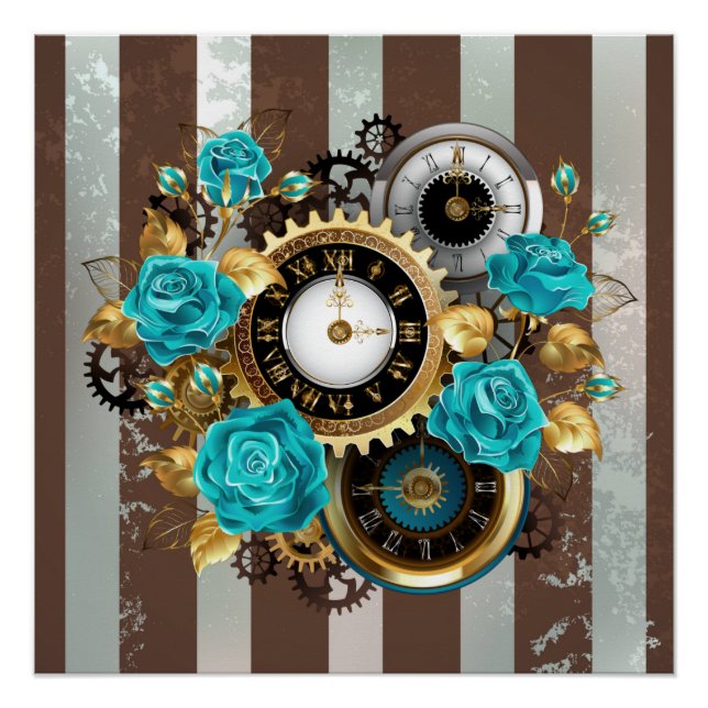 Steampunk Clock and Turquoise Roses on Striped Poster (Front)