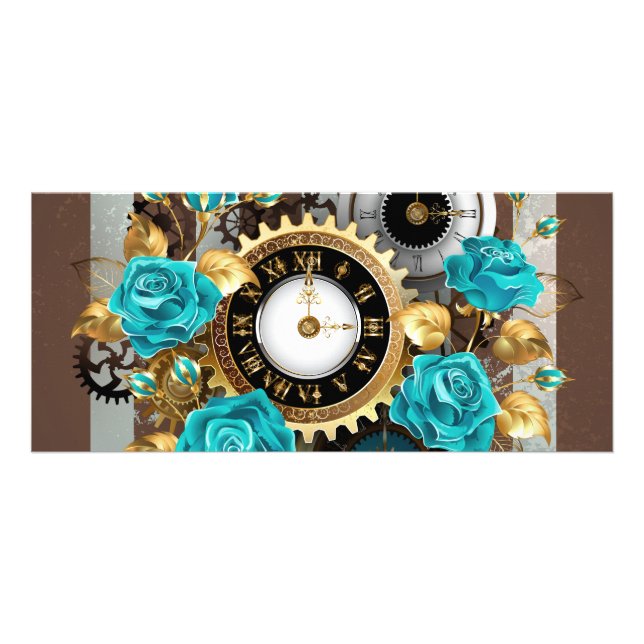 Steampunk Clock and Turquoise Roses on Striped Rack Card (Front)