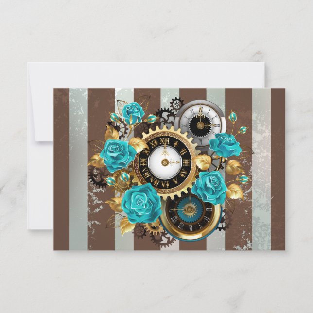 Steampunk Clock and Turquoise Roses on Striped RSVP Card (Front)