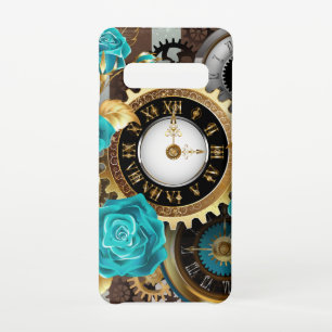 Steampunk Clock and Turquoise Roses on Striped Samsung Galaxy Case