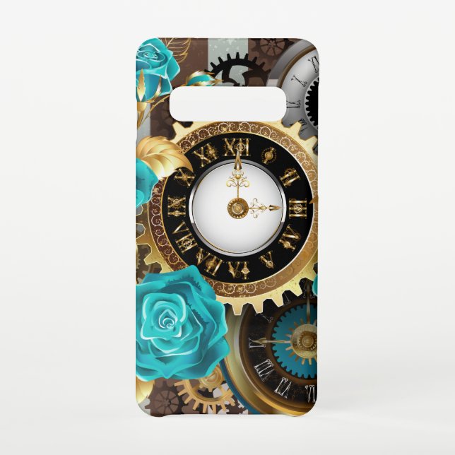 Steampunk Clock and Turquoise Roses on Striped Samsung Galaxy Case (Back)